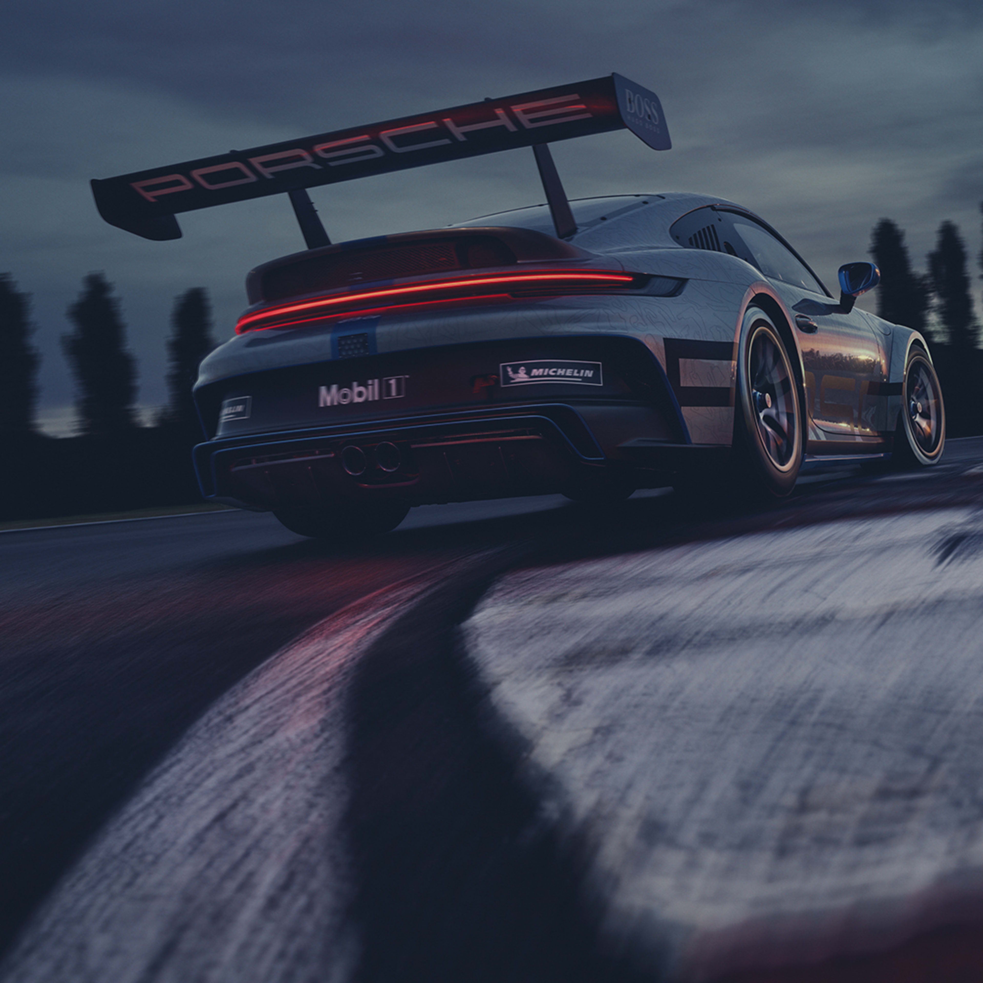 Porsche car from close by the ground racing in the evening through the corner
