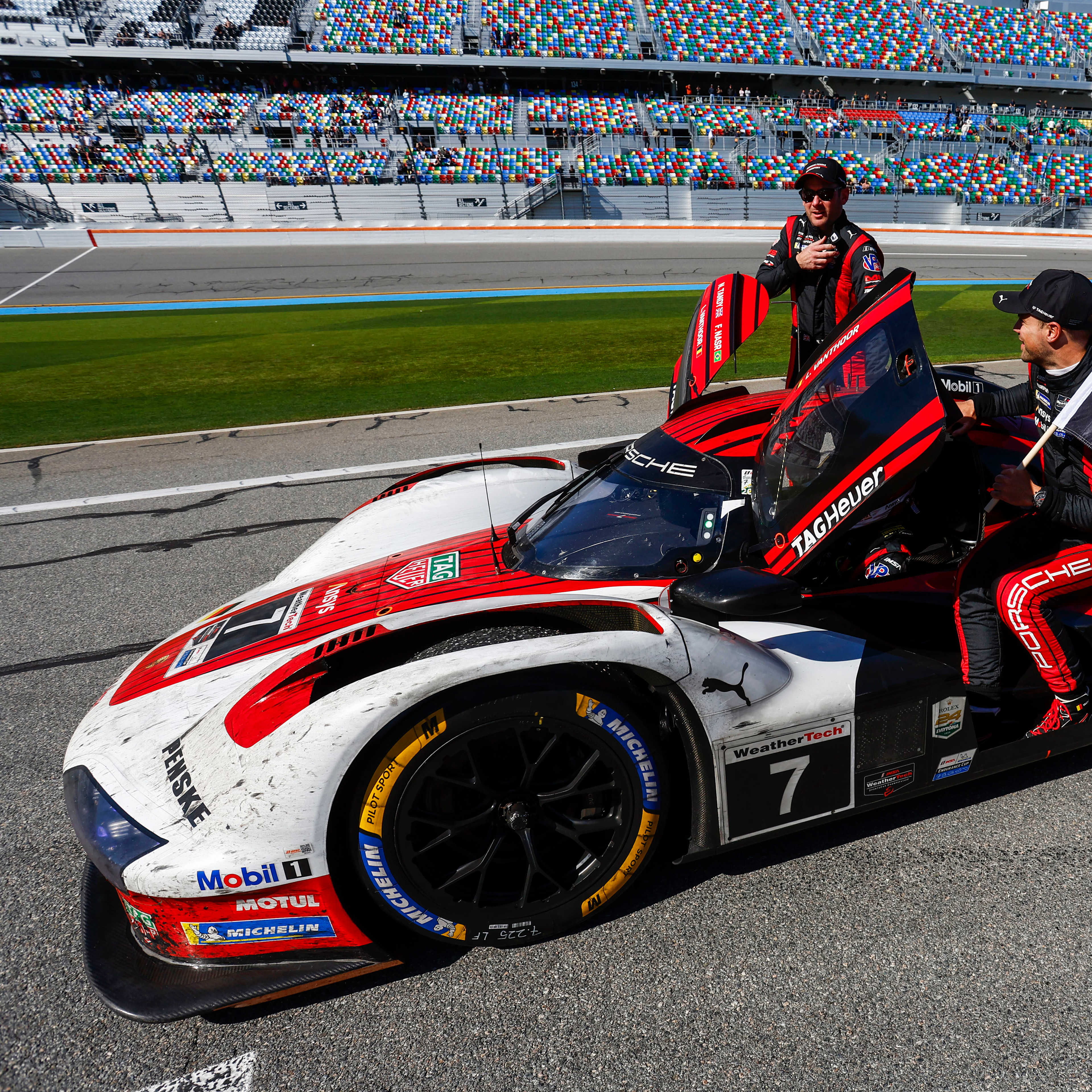 The #7 Porsche Penske Motorsport car after winning the 2025 24 Hours of Daytona