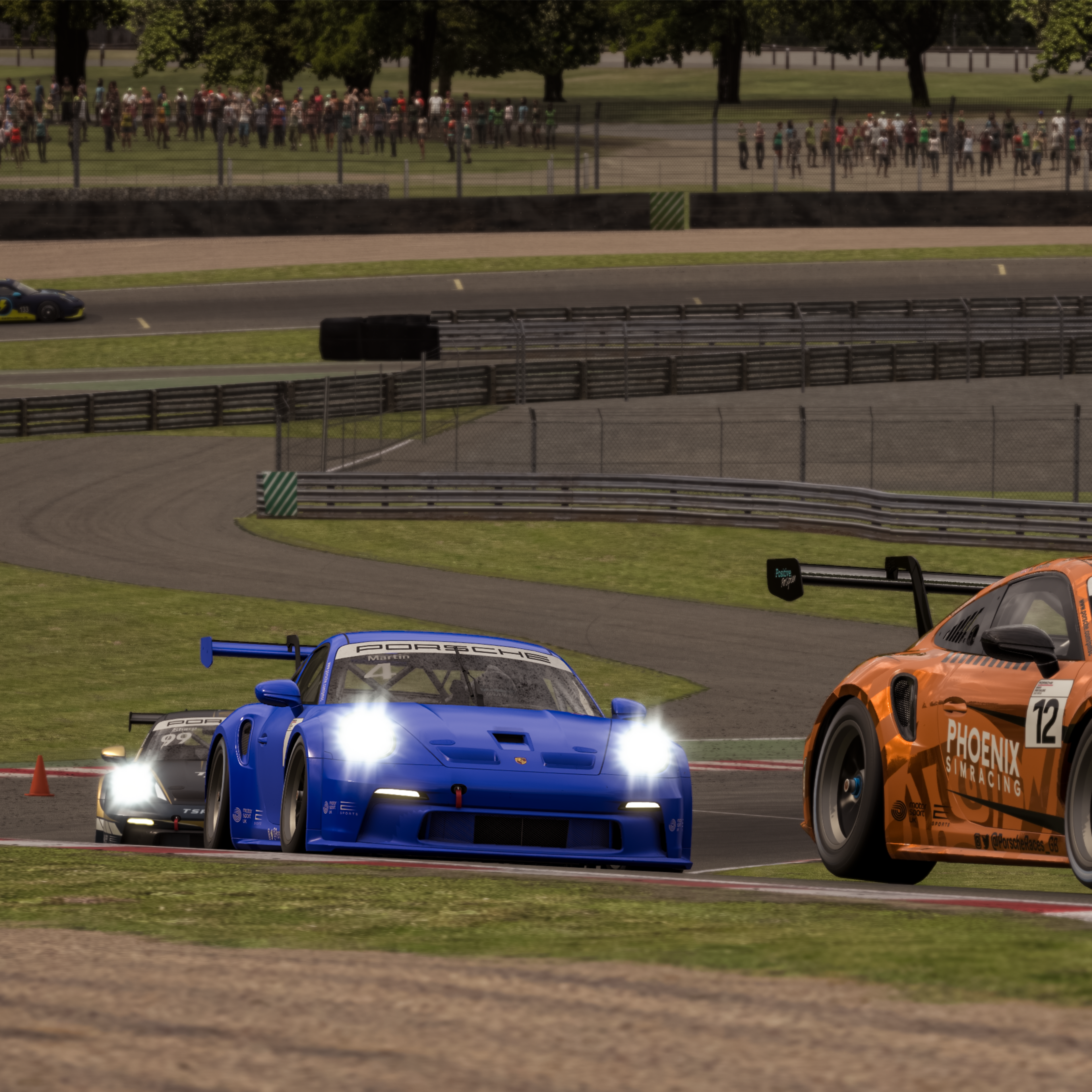 Arial view of a virtual 718 Cayman on a racetrack