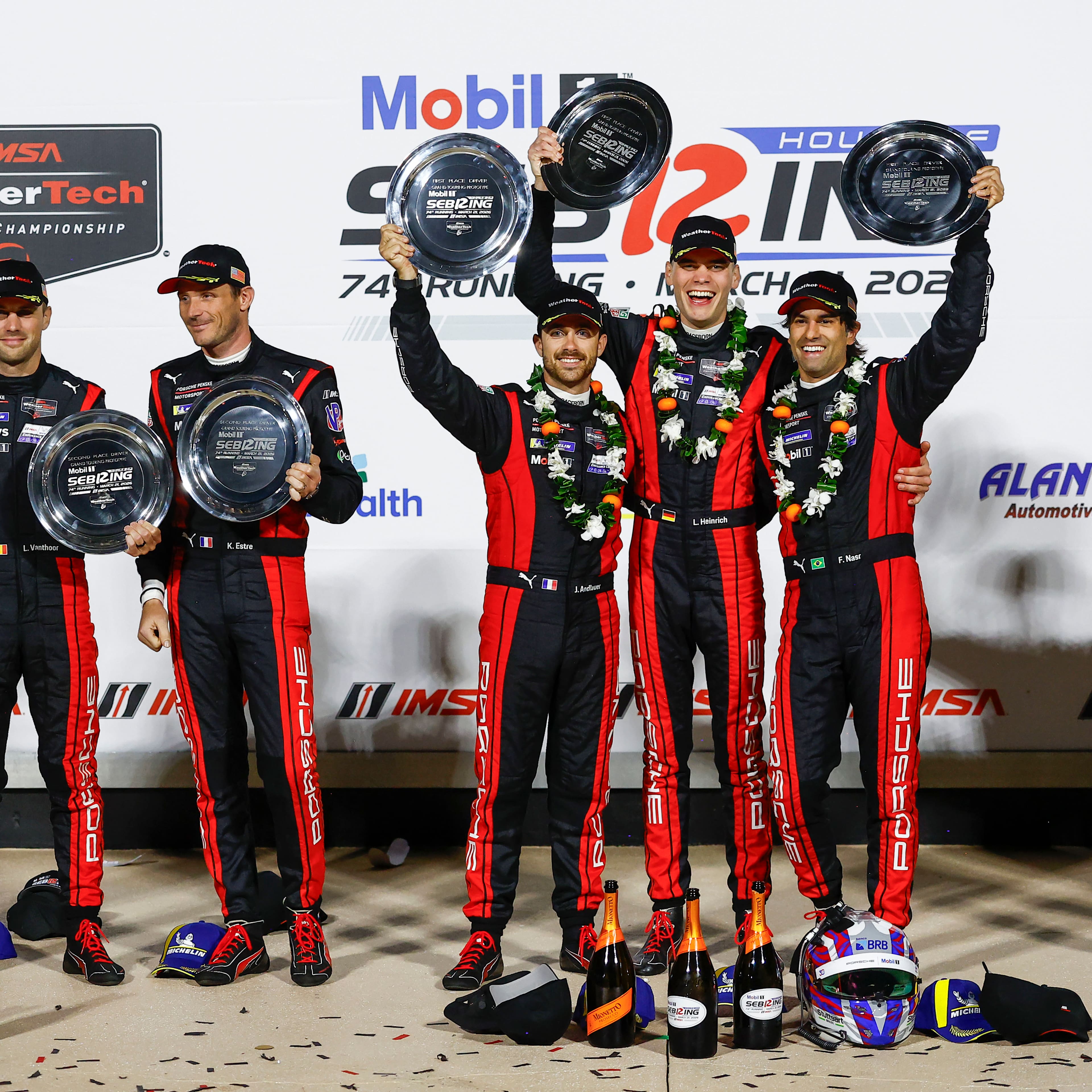 The #6 and #7 drivers celebrate a 1-2 finish in the 12 Hours of Sebring