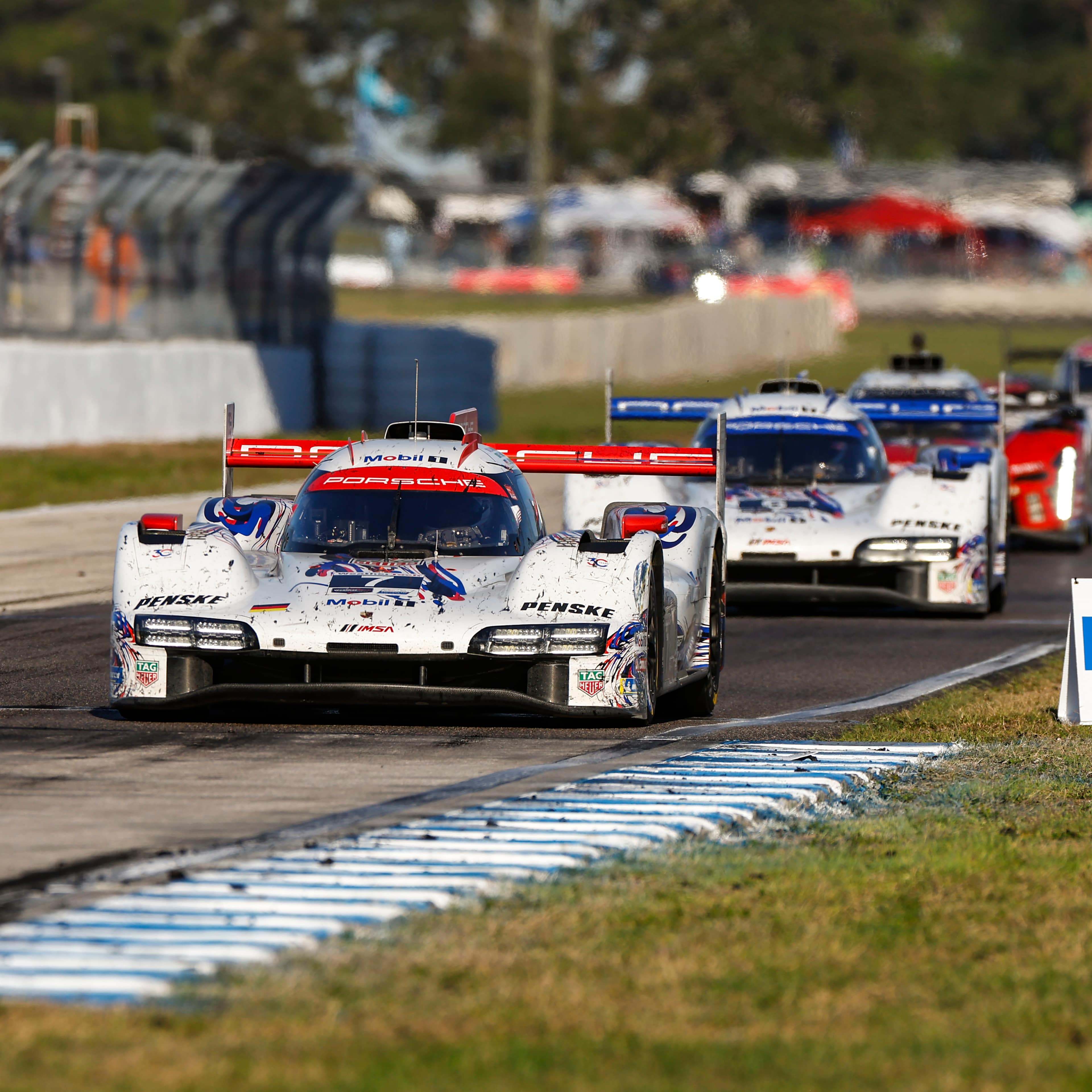 The two Porsche Penske Motorsport cars lead the field during the 2026 12 Hours of Sebring