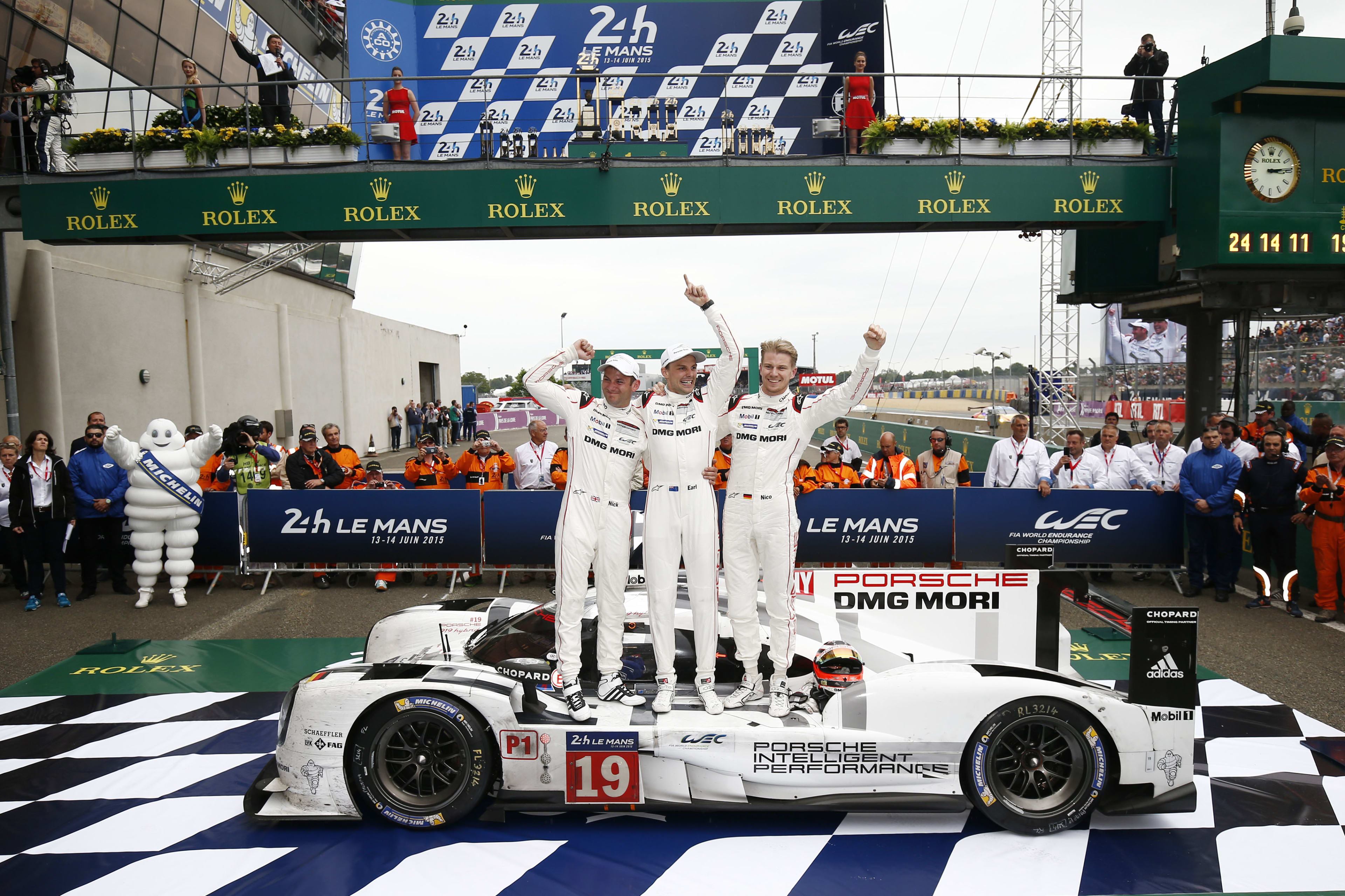 Nick Tandy, Earl Bamber and Nico Hülkenberg after winning the 2015 24 Hours of Le Mans