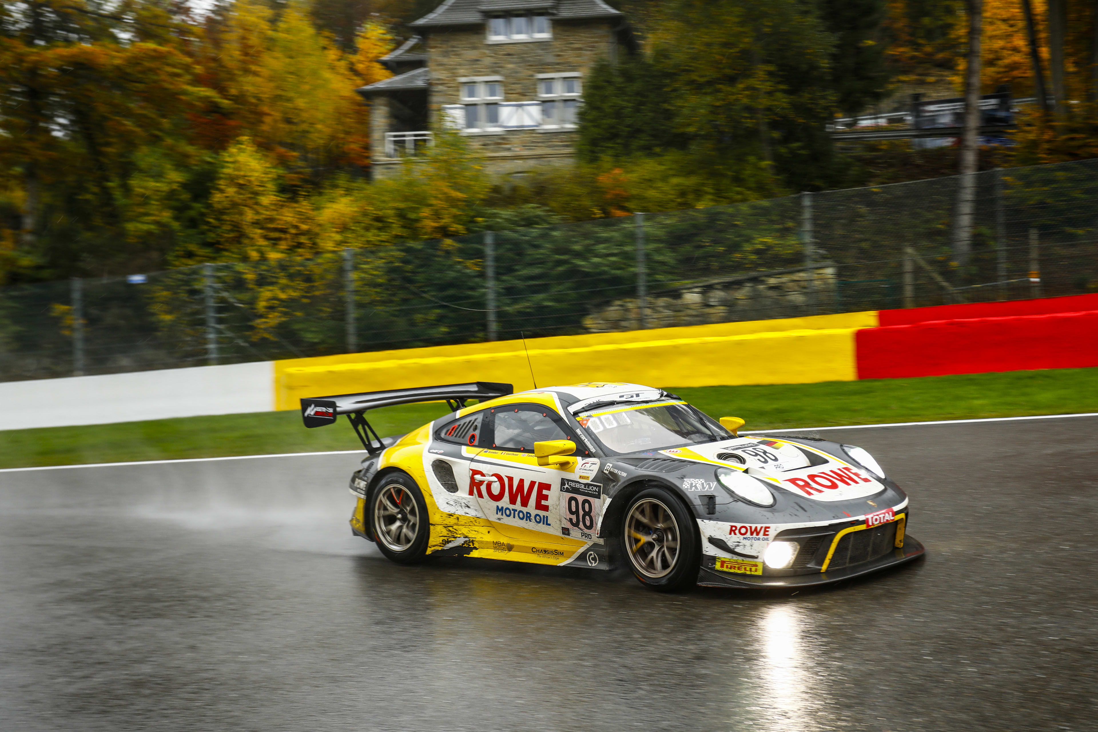 The #98 Rowe Racing Porsche at Circuit de Spa-Francorchamps during the 2020 Spa 24 Hours