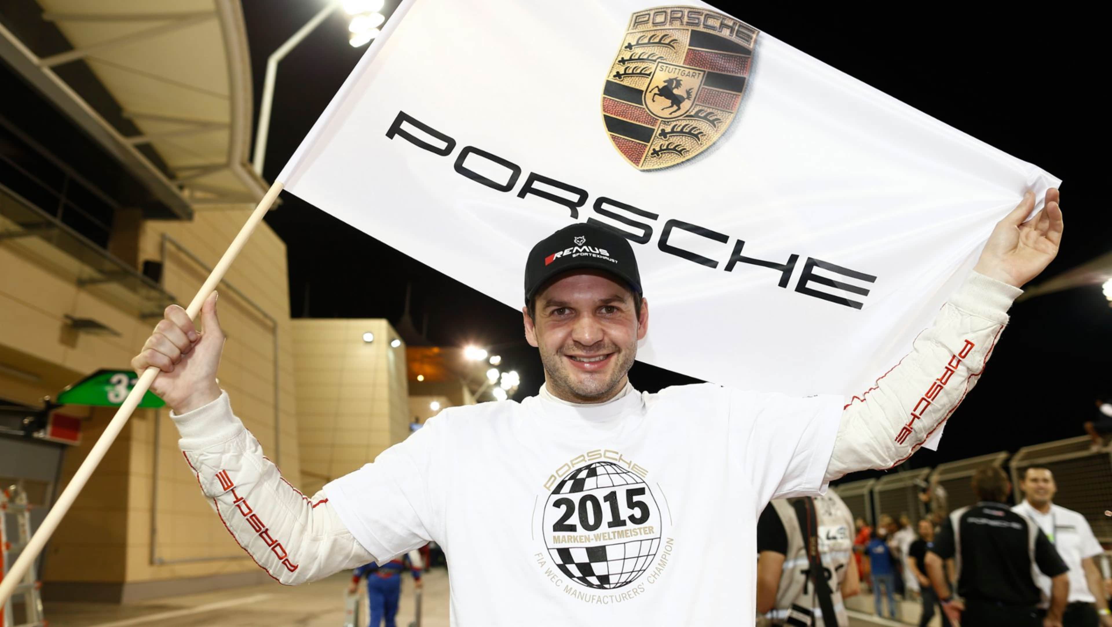 Richard Lietz during a Porsche victory celebration