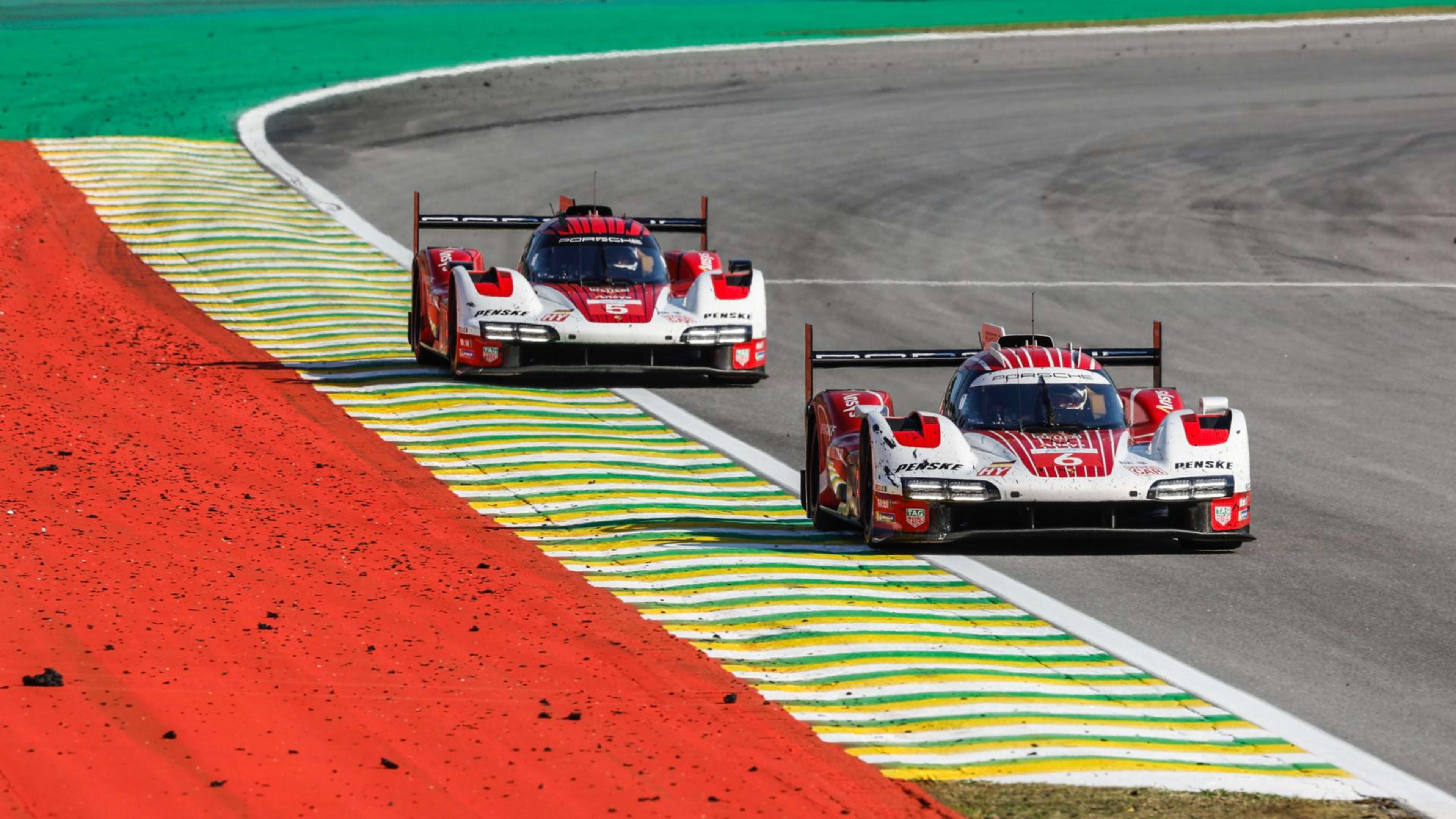 Both Porsche Penske Motorsport cars on-track at the 6 Hours of São Paulo