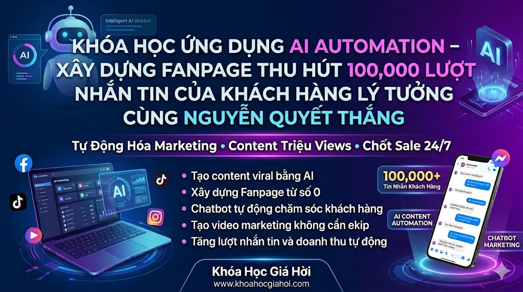 Khóa Học Ứng Dụng AI Automation – Xây Dựng Fanpage Thu Hút 100,000 Lượt Nhắn Tin Của Khách Hàng Lý Tưởng Cùng Nguyễn Quyết Thắng