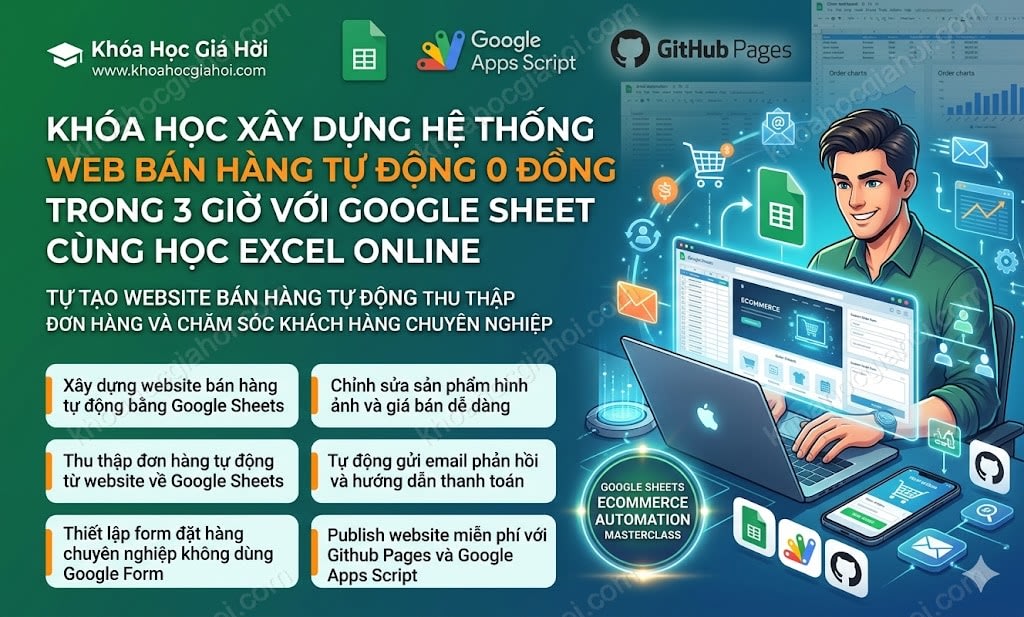 Khóa Học Xây Dựng Hệ Thống Web Bán Hàng Tự Động 0 Đồng Trong 3 Giờ Với Google Sheet Cùng Học Excel Online