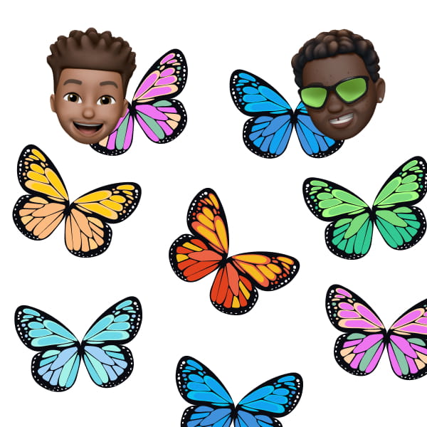 Memojis of Isaac and Femi with some butterflies in the background