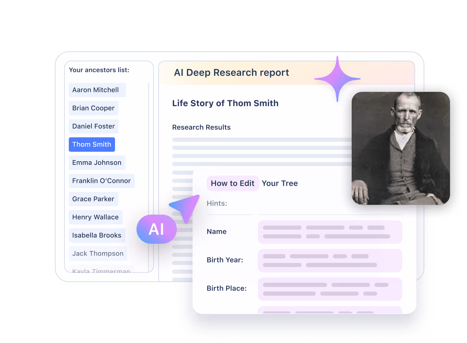 AI genealogy tool showing Deep Research report with ancestor list, life story of Thom Smith, and an old portrait photo