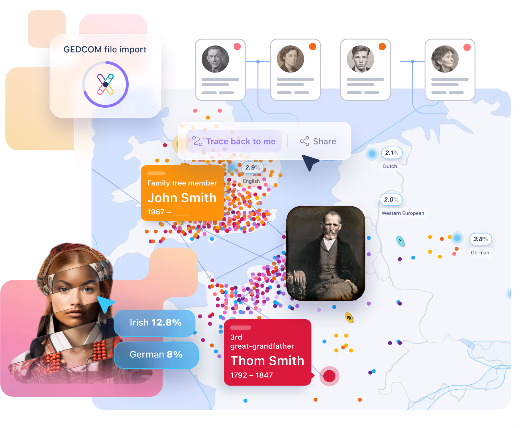 Colorful world map background used on the YourRoots main page, symbolizing family history and global connections