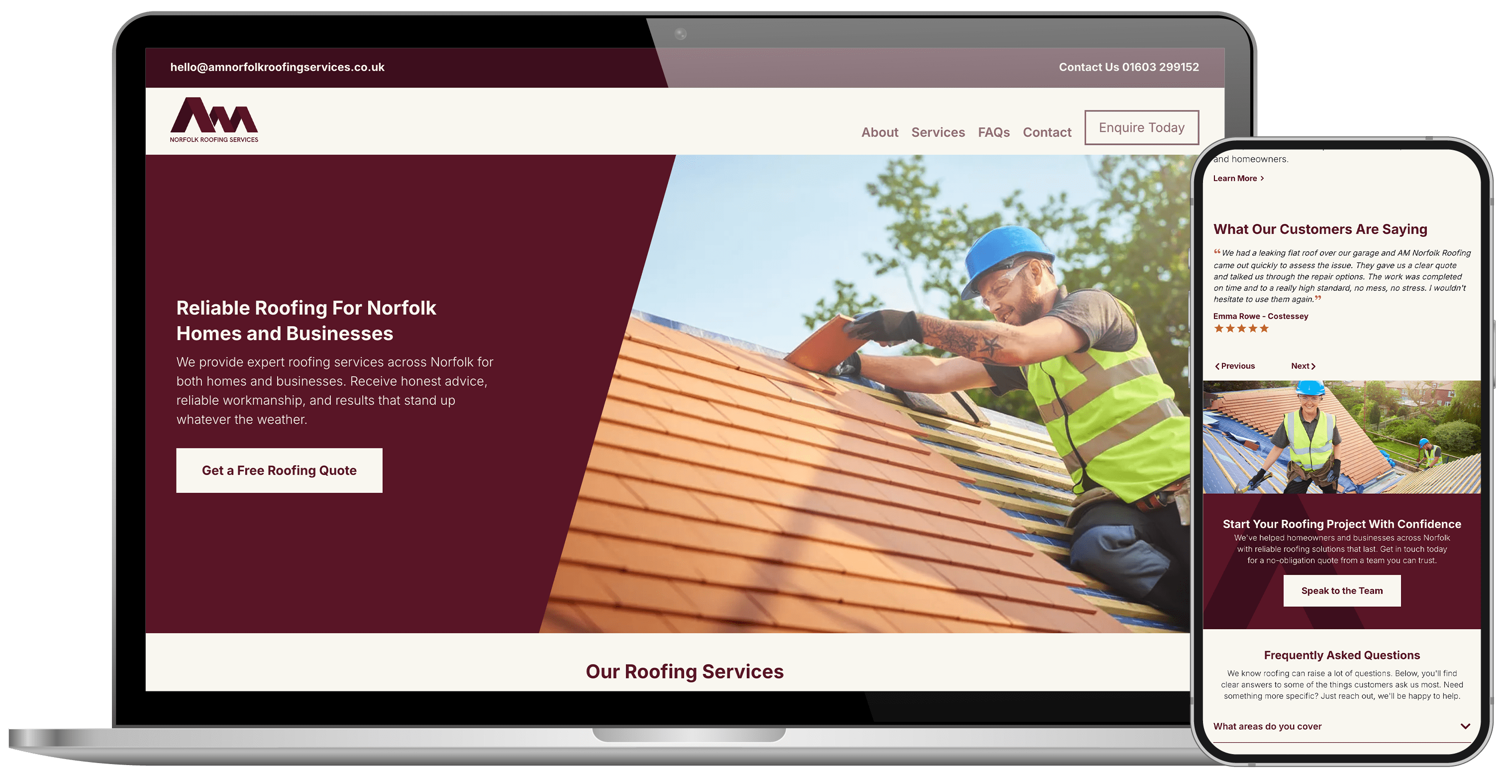 laptop and phone display showing the AM Norfolk Roofing Services website design.