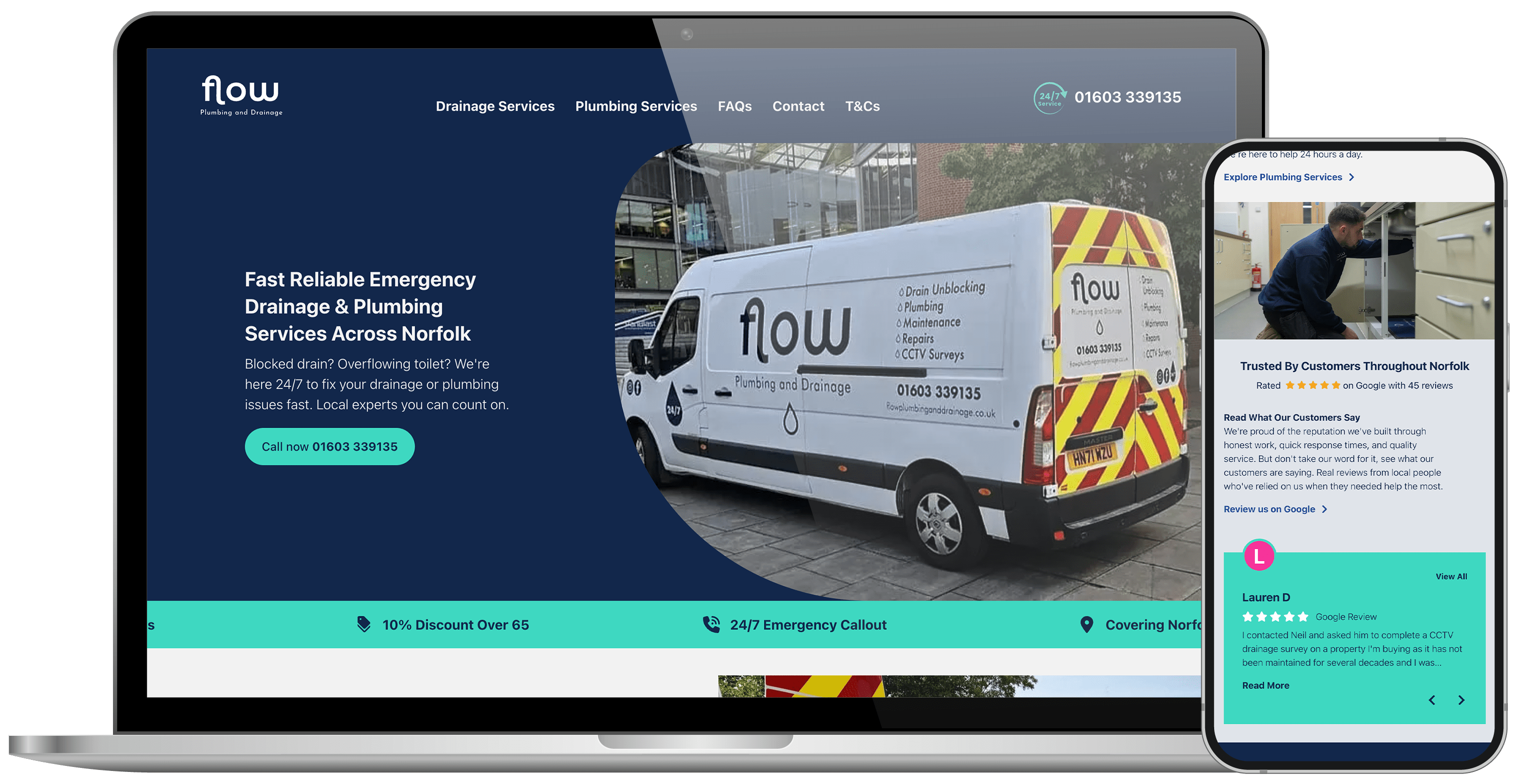 laptop and phone display showing the Flow Plumbing & Drainage website design.