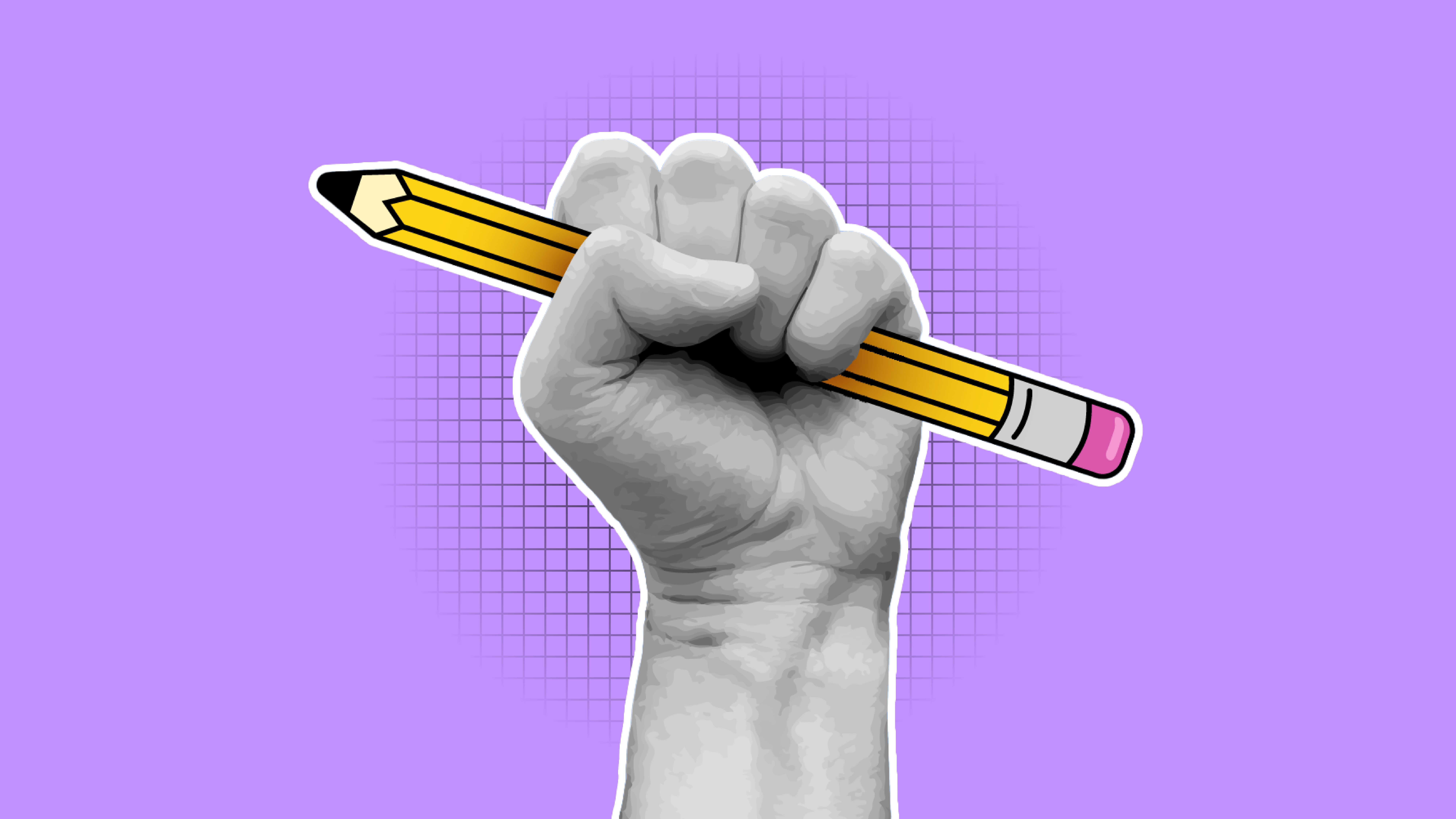 Graphic design black and white hand holding illustrated pencil