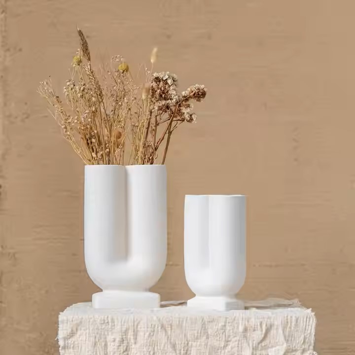 Matte Frosted Ceramic U Shape Cylindrical Vases Set