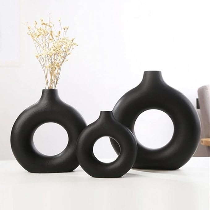 Plain Ceramic Donot Shaped Flower Vase Decor Black