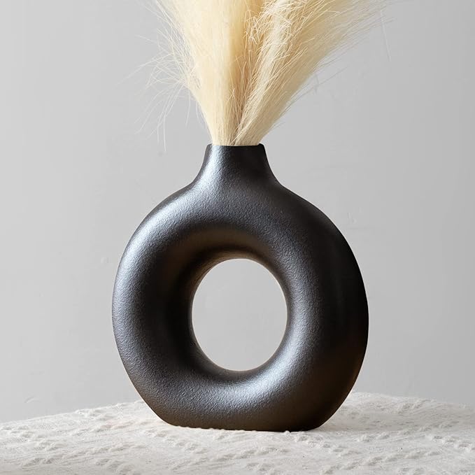 Plain Ceramic Donot Shaped Flower Vase Decor Black