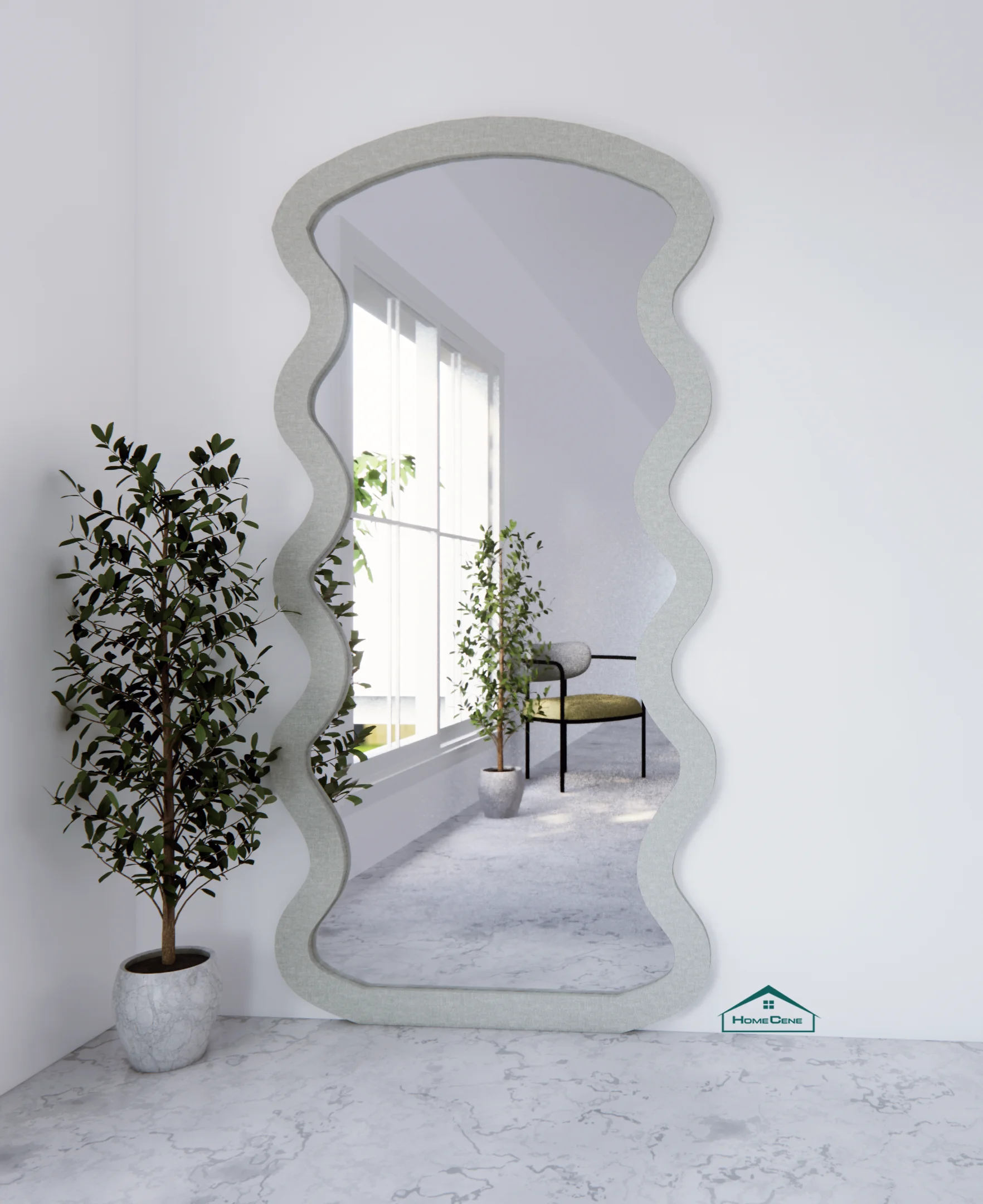 Wavy Grey Framed Flannelette Fabric Wall Mirror