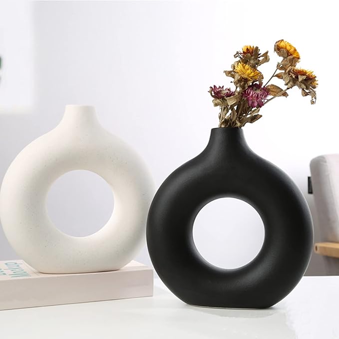 Plain Ceramic Donot Shaped Flower Vase Decor Beige