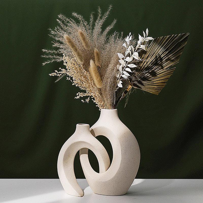 Oval Hollow Shape Vase Decor Set Beige
