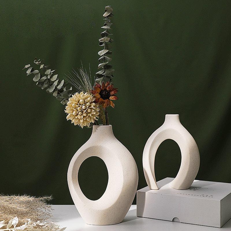 Oval Hollow Shape Vase Decor Set Beige