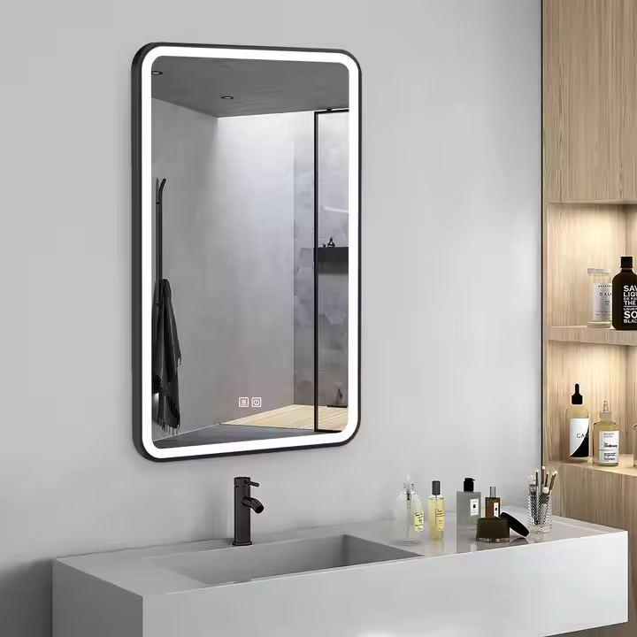 Black Framed Rounded Corners Rectangular Mirror (LED)