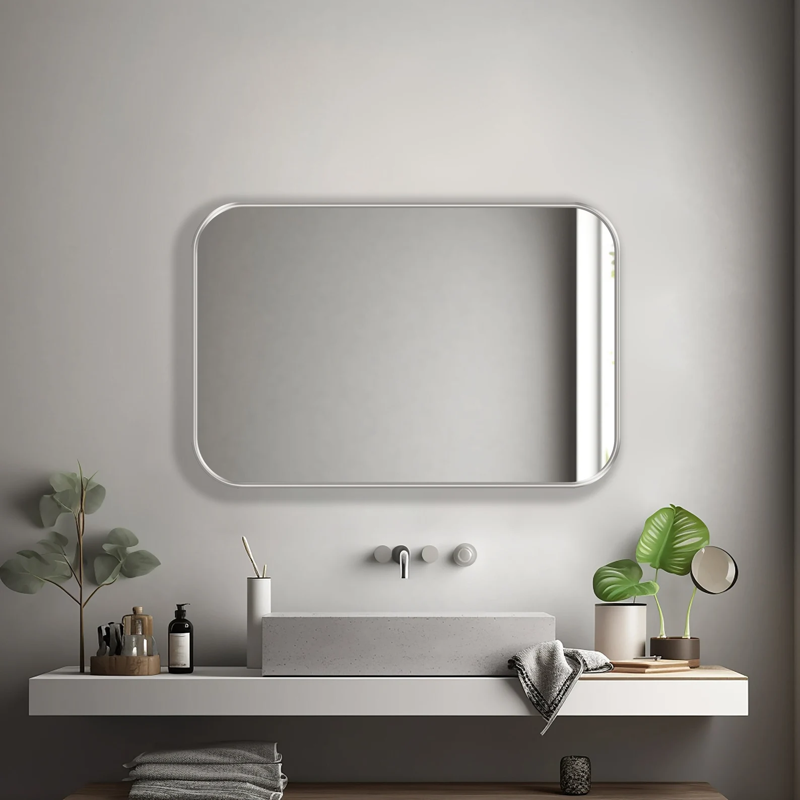 Silver Framed Rounded Corners Rectangular Mirror