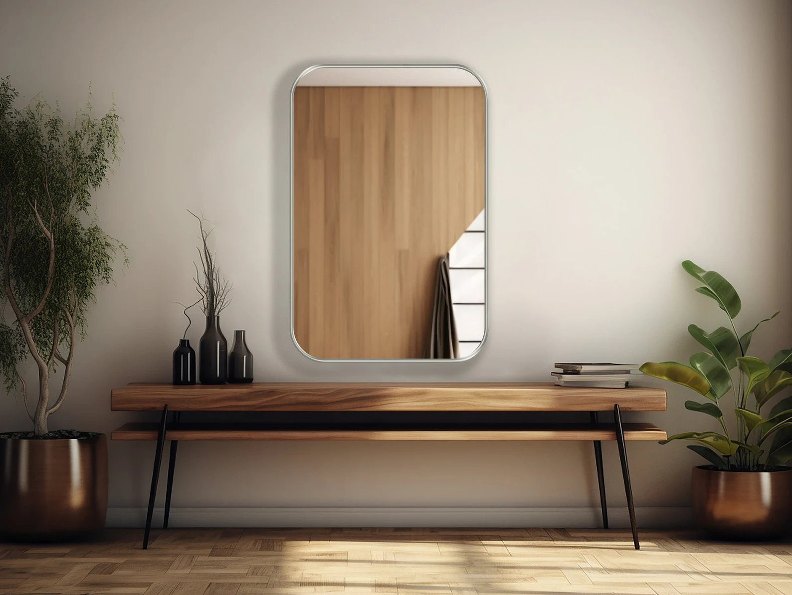 Silver Framed Rounded Corners Rectangular Mirror