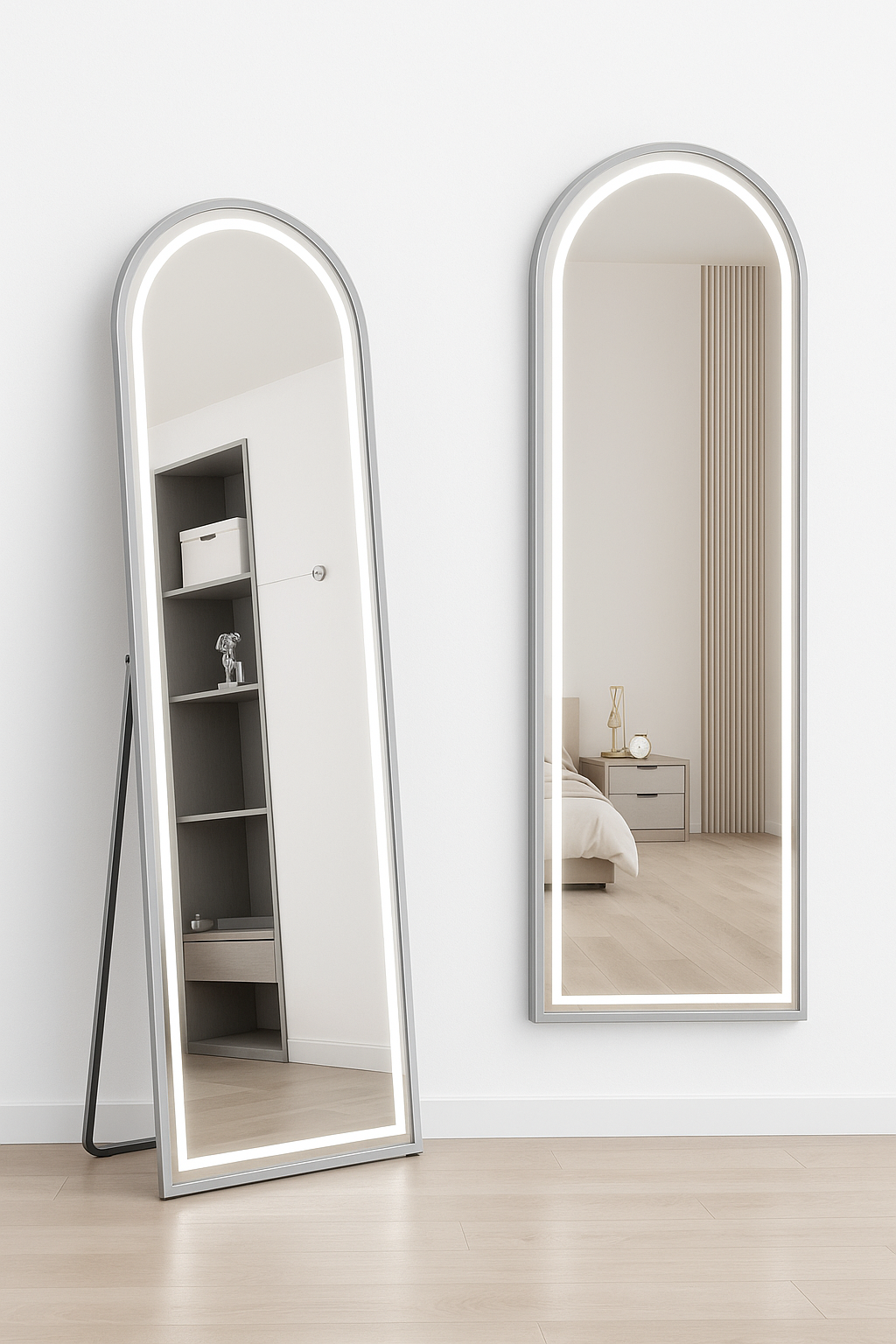 Silver Framed Arched Wall Mirror With Stand (LED)