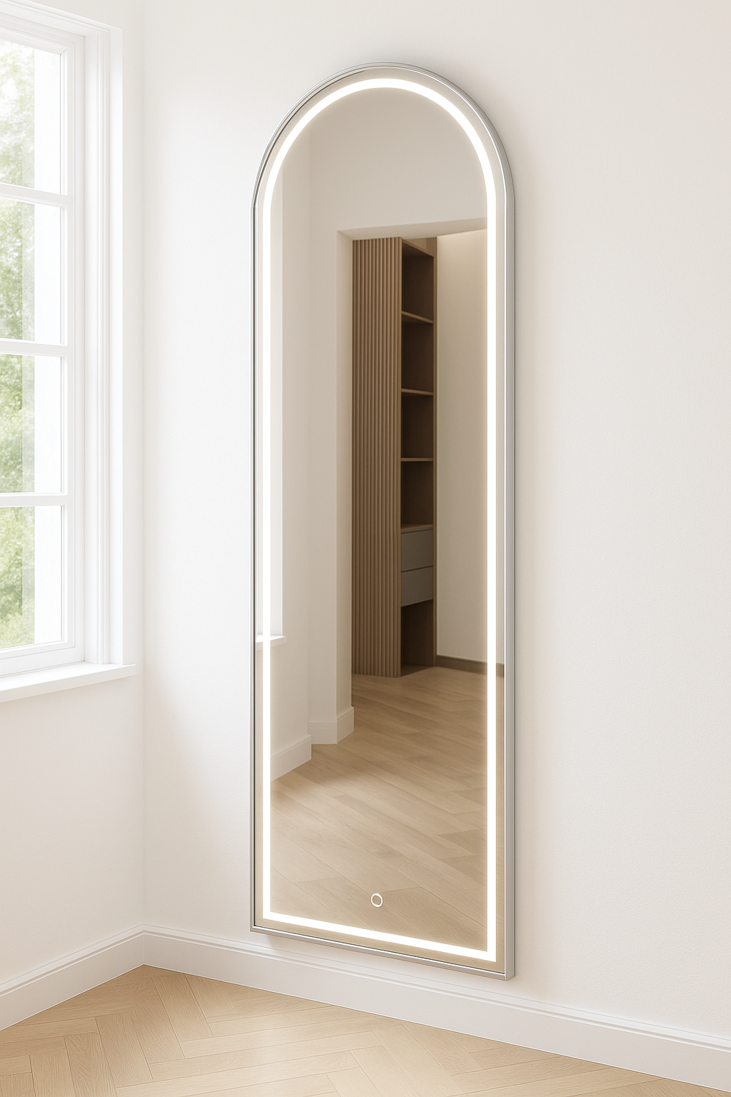 Silver Framed Arched Wall Mirror With Stand (LED)
