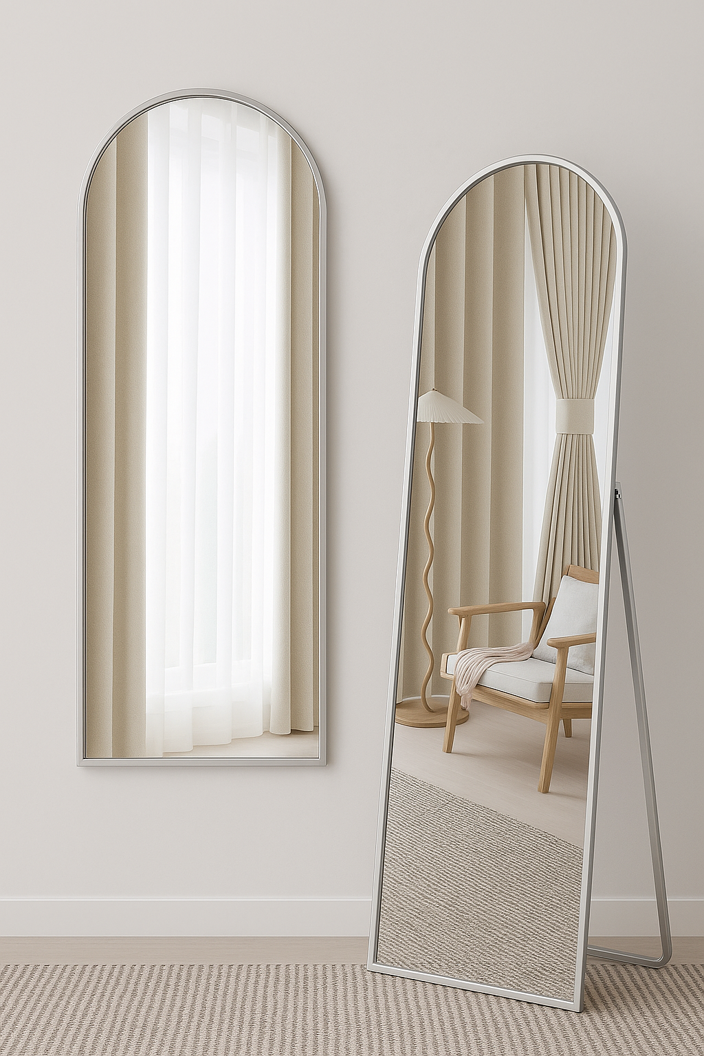 Silver Framed Arched Wall Mirror With Stand