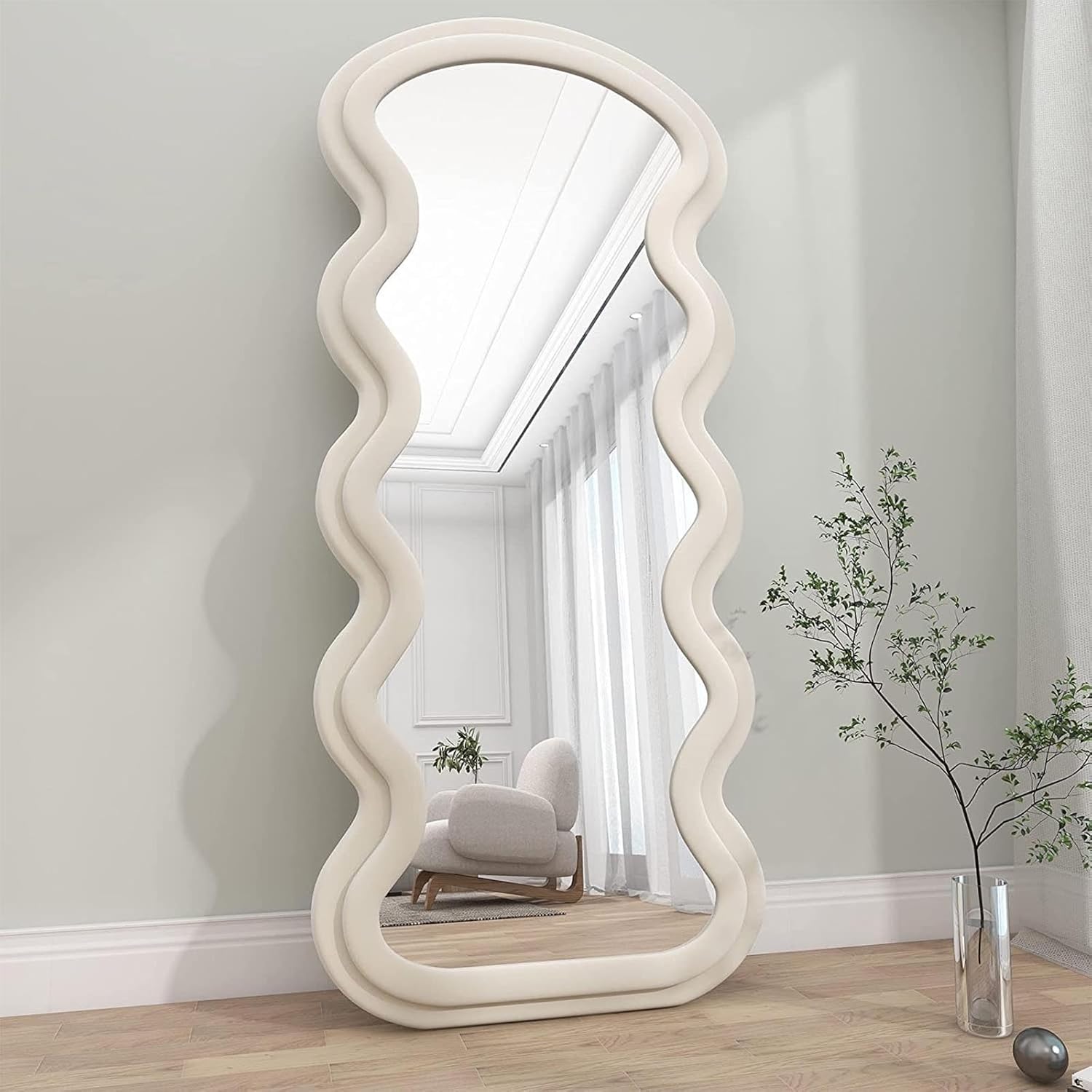 Wavy White Framed Flannelette Fabric Wall Mirror