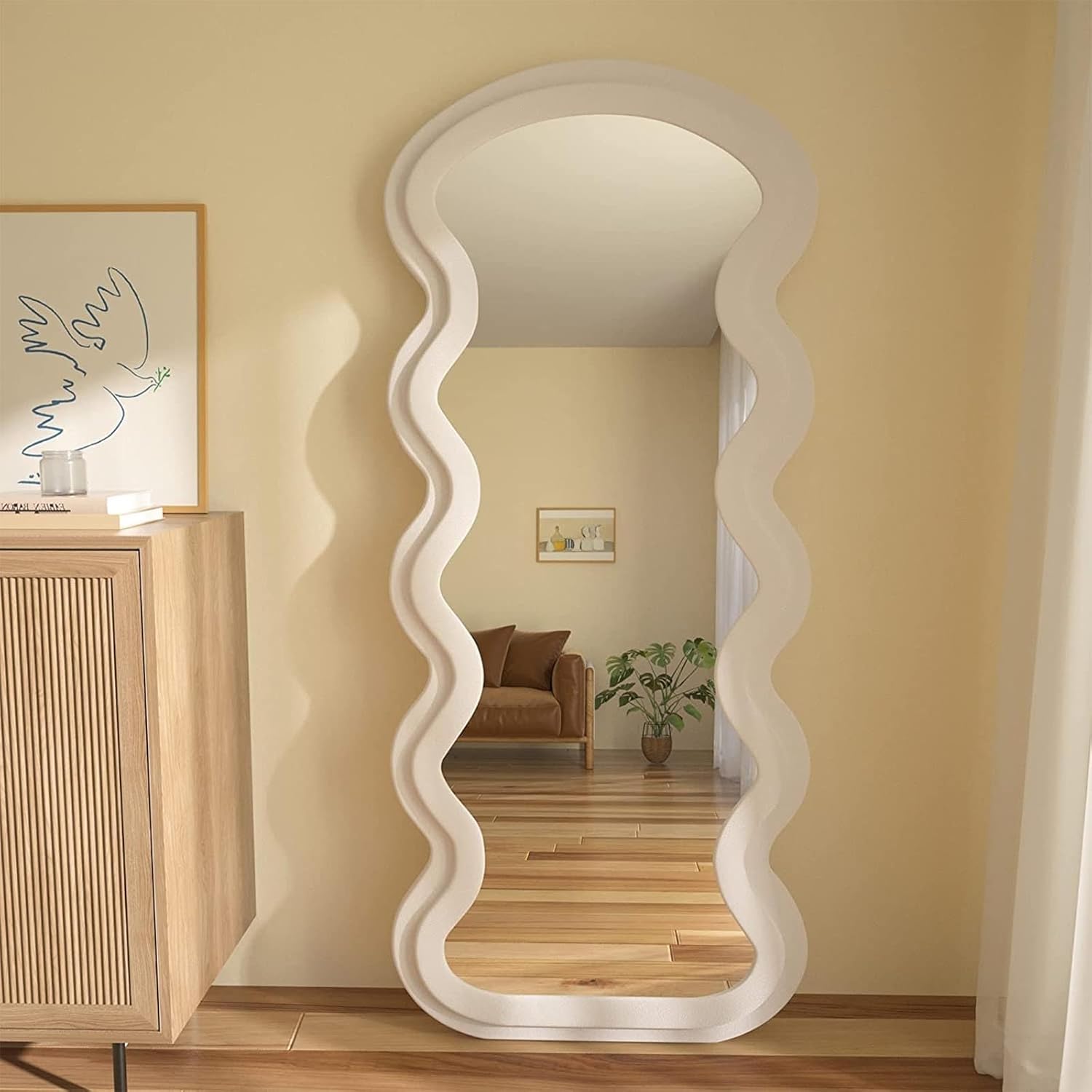 Wavy White Framed Flannelette Fabric Wall Mirror