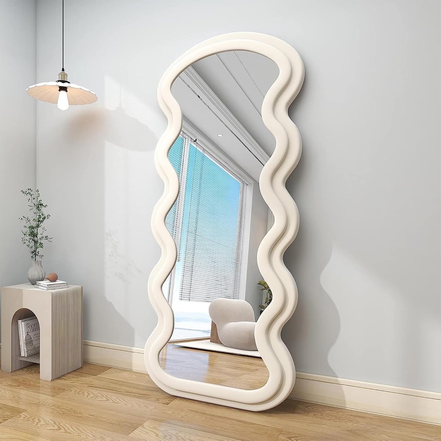 Wavy White Framed Flannelette Fabric Wall Mirror