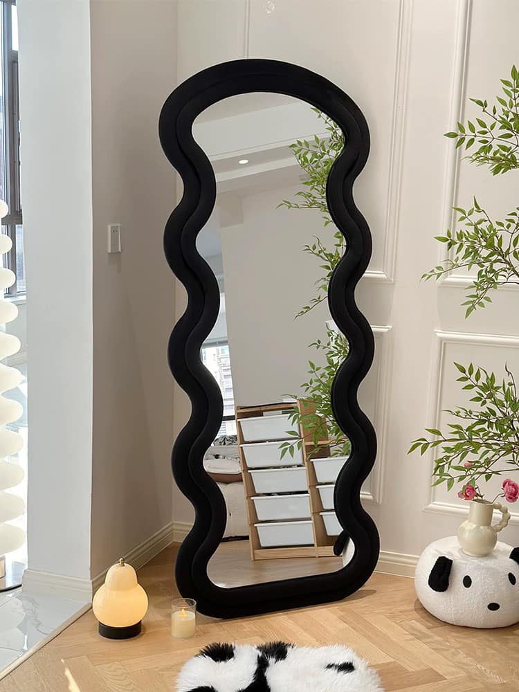 Wavy Black Framed Flannelette Fabric Wall Mirror
