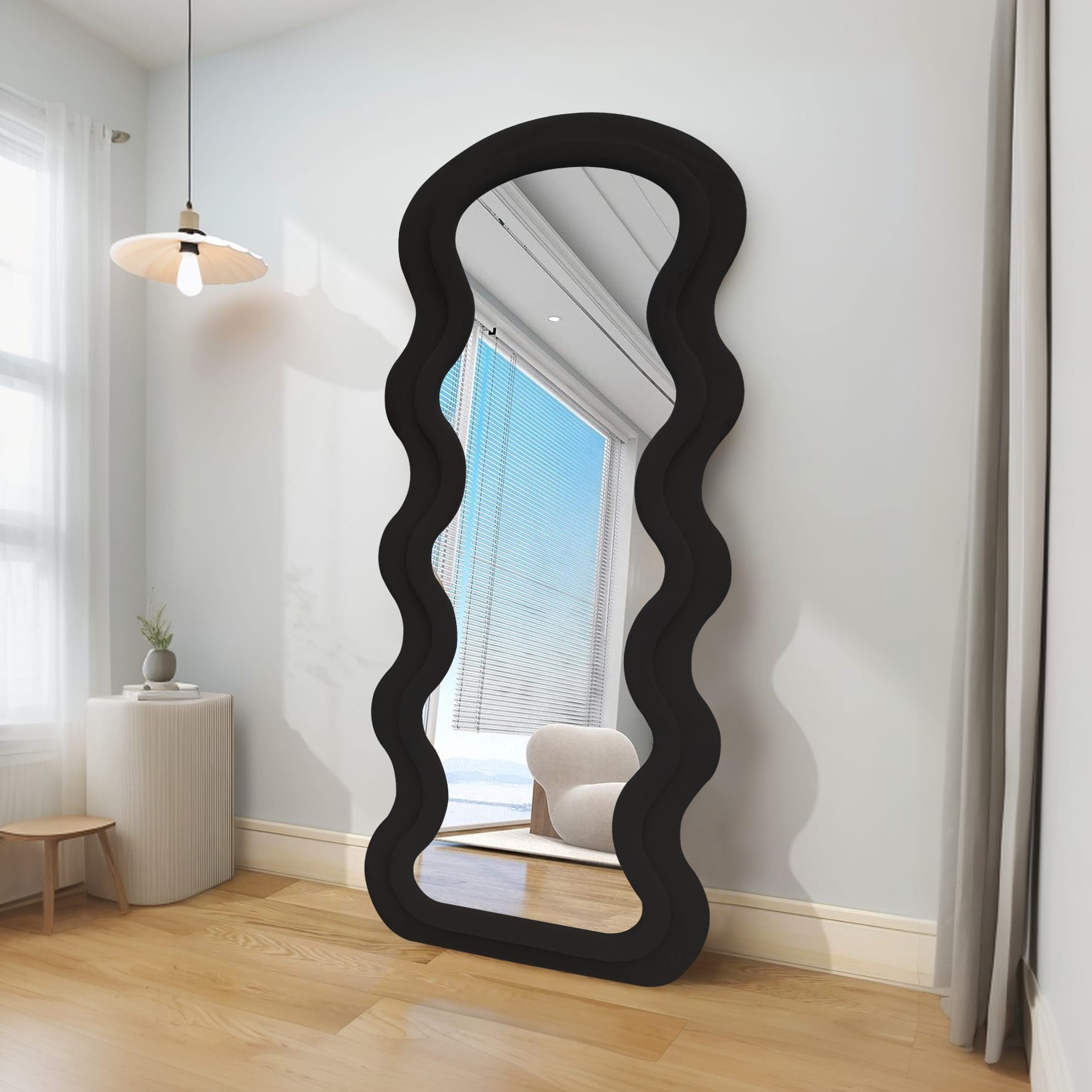 Wavy Black Framed Flannelette Fabric Wall Mirror