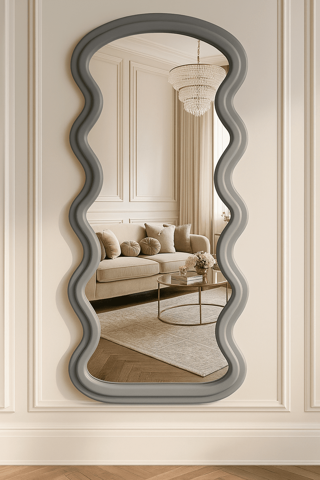 Wavy Grey Framed Flannelette Fabric Wall Mirror