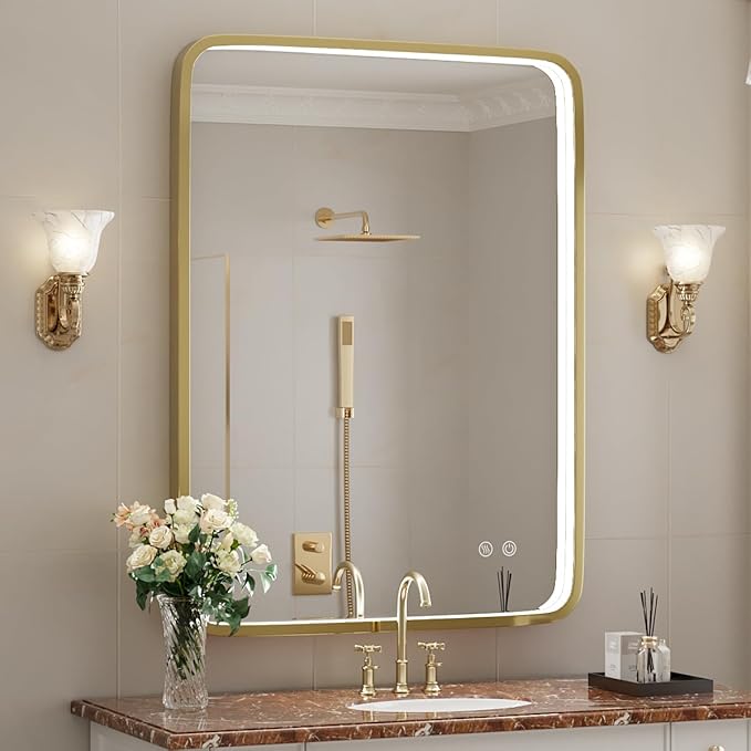 Inner LED Framed Golden Rounded Corners Rectangular Mirror