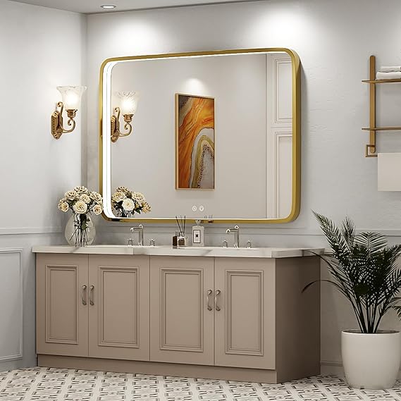 Inner LED Framed Golden Rounded Corners Rectangular Mirror