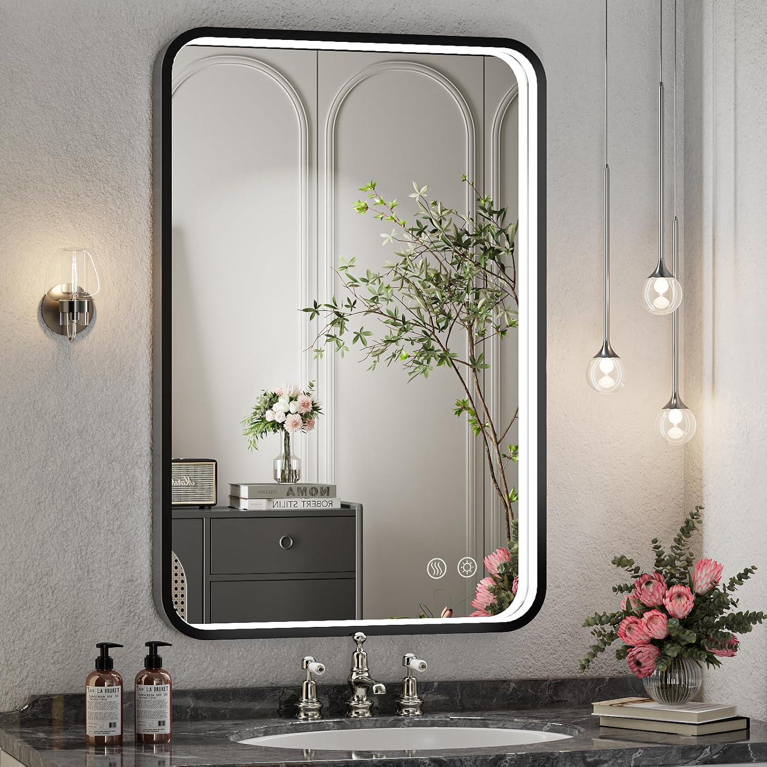Inner LED Framed Black Rounded Corners Rectangular Mirror