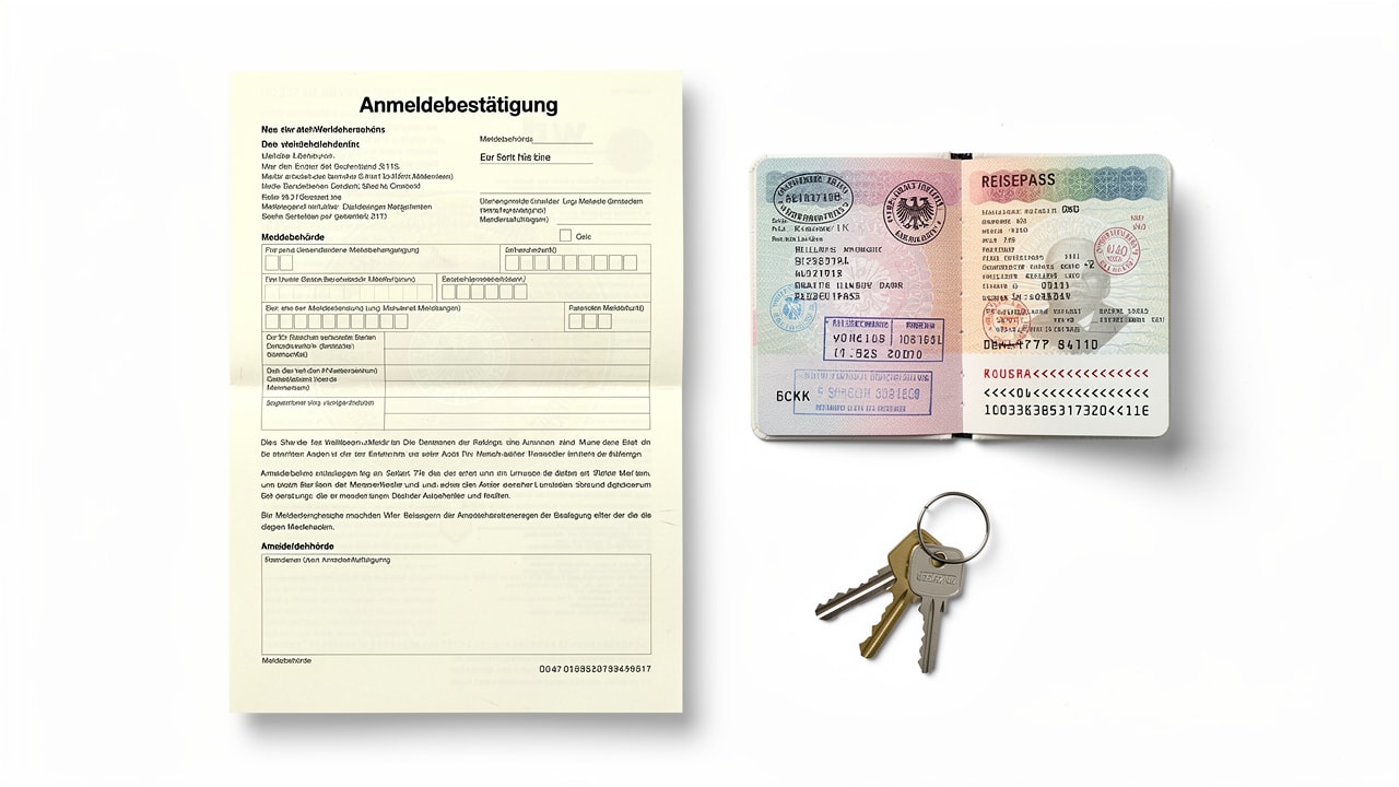 German Anmeldebestätigung registration certificate next to a passport and rental contract on a clean white desk