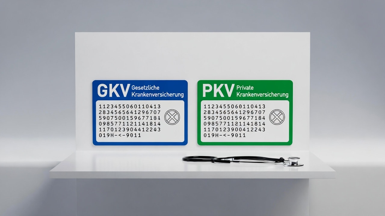 Comparison of public and private health insurance cards in Germany on a white desk with a stethoscope