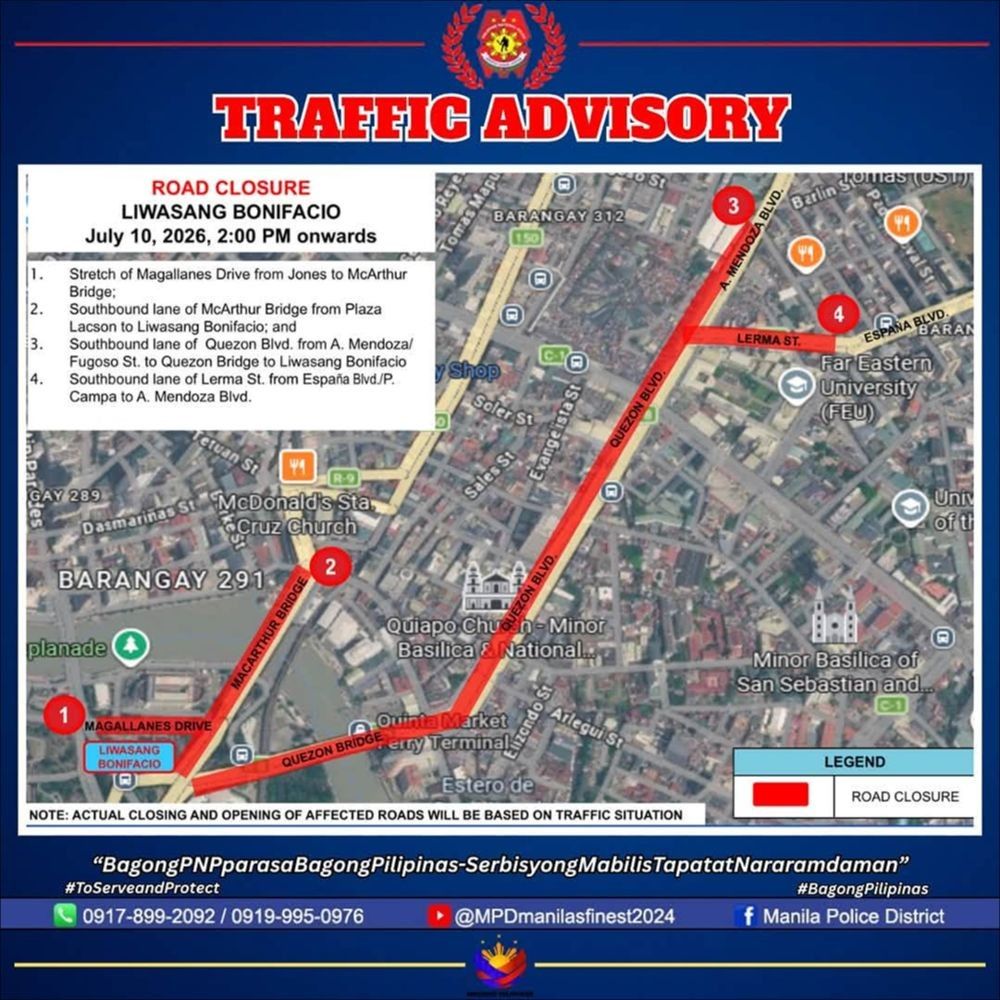 Manila road closures announced for July 10 anti-corruption rally