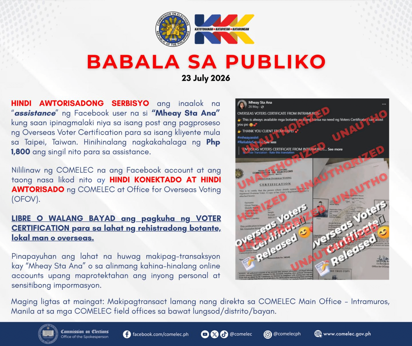 Comelec cautions against fraud in voter certificate processes