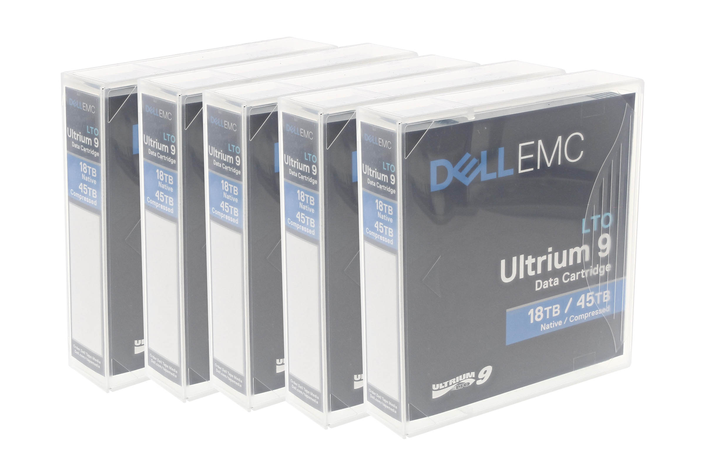 Five Dell EMC LTO-9 Ultrium data cartridges in protective cases