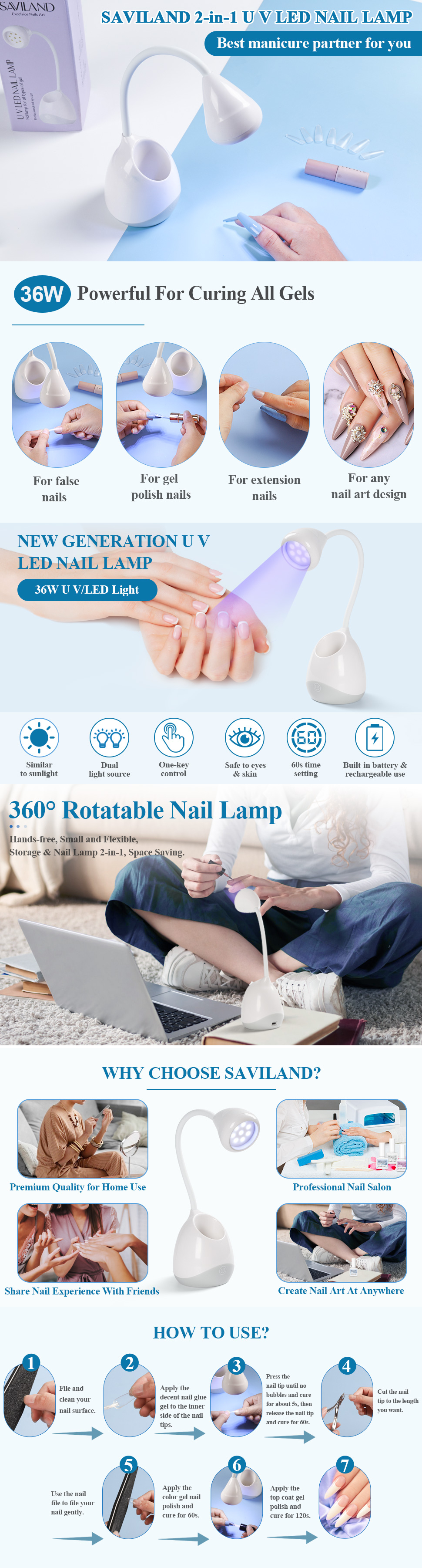 Saviland Rechargeable Nail Led Lamp - 36W Mini U V Light for Gel Nails with  Nail Brush Holder Gel X Nail Lamp and Flash Cure Light for Nails Portable U  V Lamp