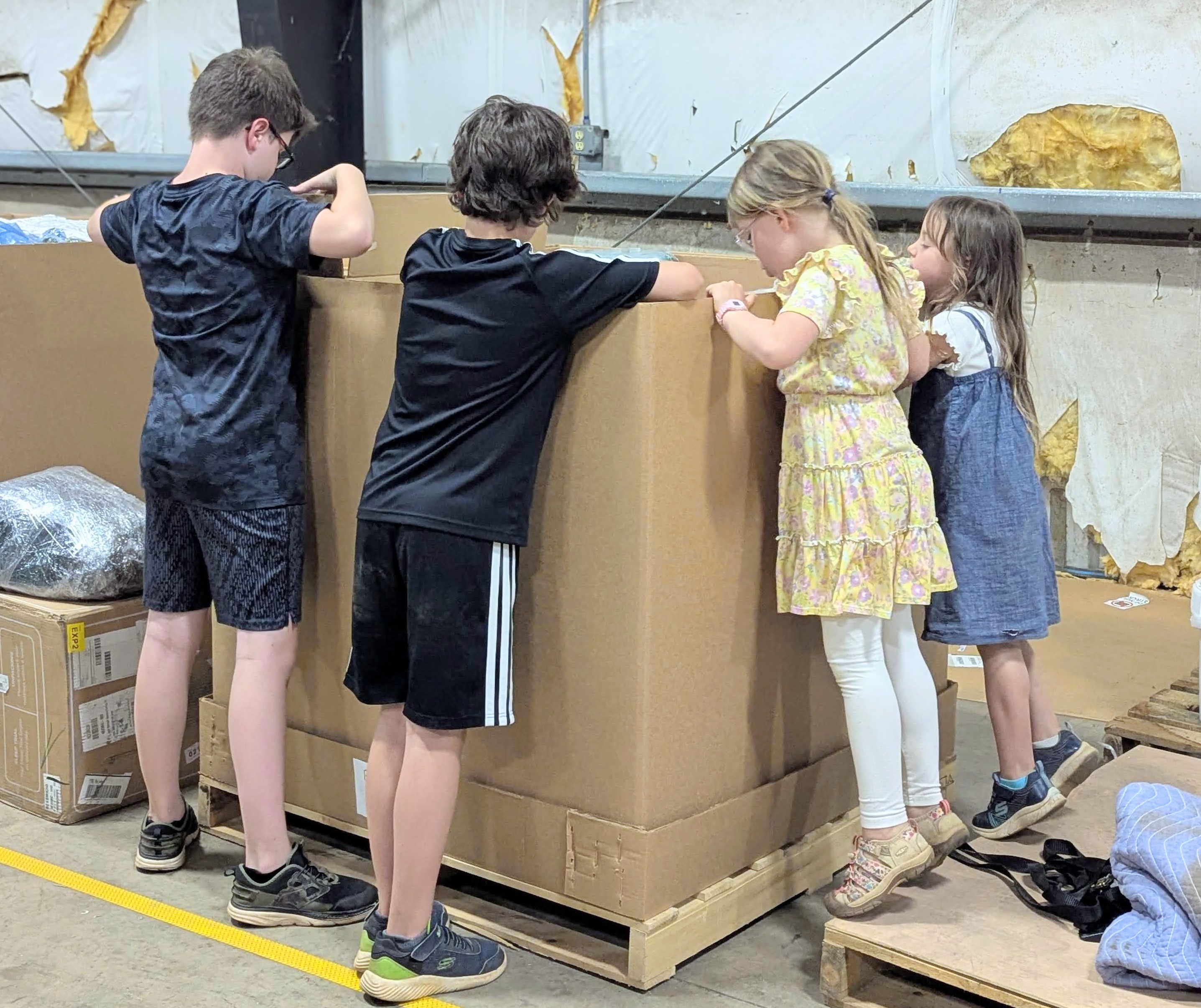Kids looking into a large packing box