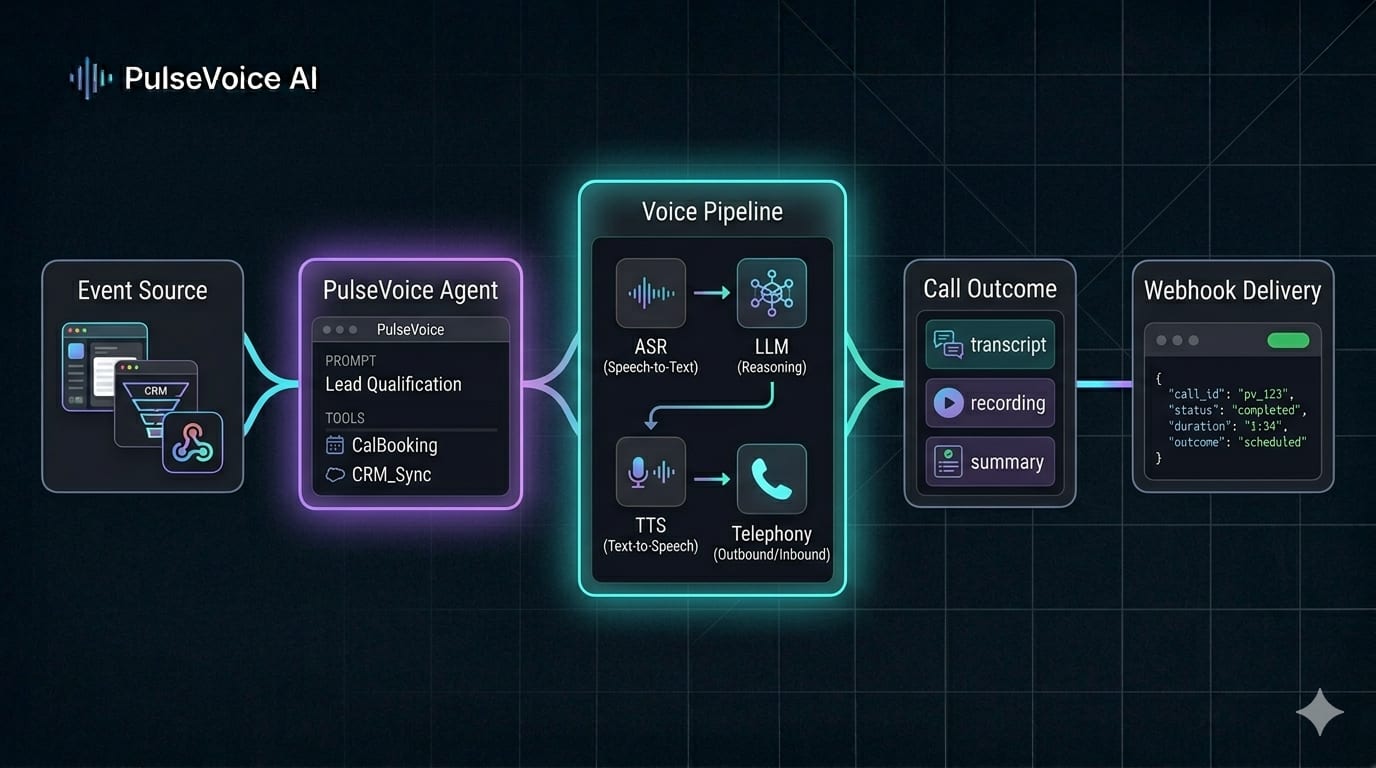 PulseVoice AI architecture: Event Source to Agent, Voice Pipeline, Call Outcome, and Webhook Delivery
