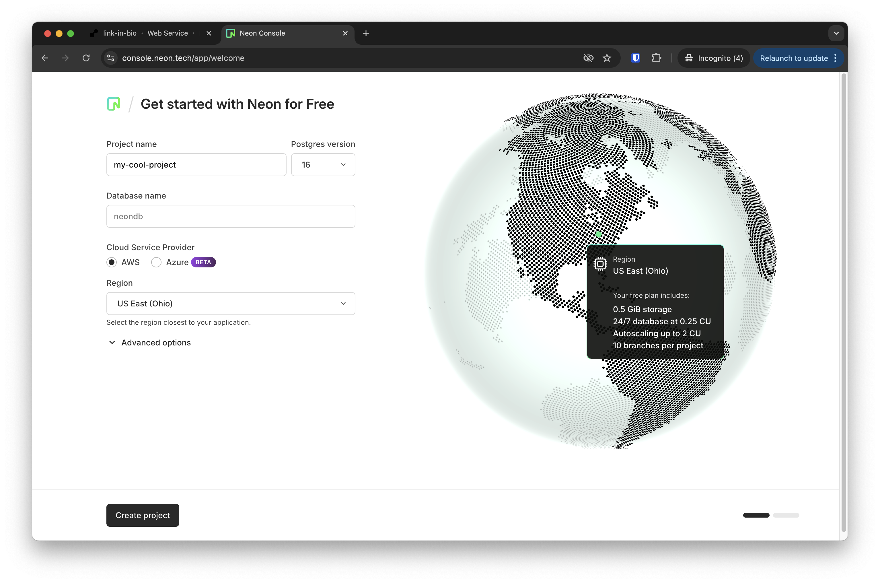 Neon create new database after sign up