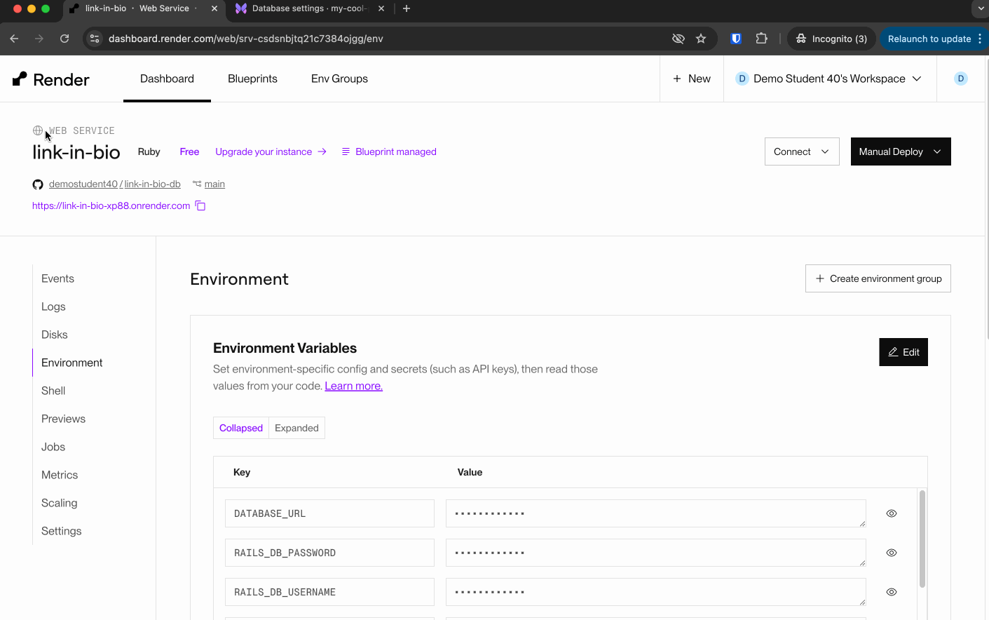 Replace database URL on Render