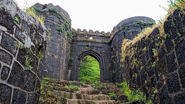 The massive stone entrance of Rajgad Fort